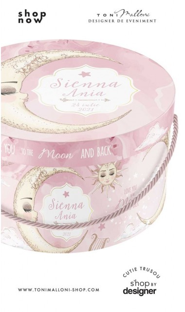 Cutie trusou roz pentru botez rotunda cu semiluna To the Moon and back 3